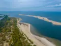 Plaża i zalesione wydmy nad spokojnym, błękitnym morzem.