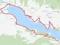 Mapa Jeziora Czorsztyńskiego z zaznaczoną trasą Velo Czorsztyn i drogami.