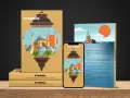 Ilustracja z latarnią, meczetami i Wieżą Nami w Stambule, na tle książki i telefonu.