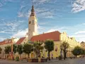 Rynek w Świdnicy z ratuszem, fontanną i zabytkowymi kamienicami.