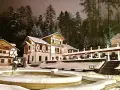 Architektura Szczawnicy nocą, ośnieżone budynki i drzewa, fontanna.