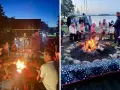 Grupa ludzi siedzi przy ognisku, niektórzy grają na gitarze, inni rozmawiają.