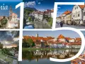 Kolaż zdjęć przedstawiający malownicze miasta Słowenii, w tym Piran i inne perełki architektoniczne.