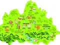 Ilustrowana mapa Wadowic i okolic z zaznaczonymi lokalnymi przysmakami i nazwami miejscowości.
