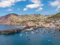 Widok na Câmara de Lobos: zatoka z łodziami, miasto na zboczu i klify.