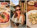 Trzy zdjęcia: dania z makaronem, kobieta z winem i pierogi.