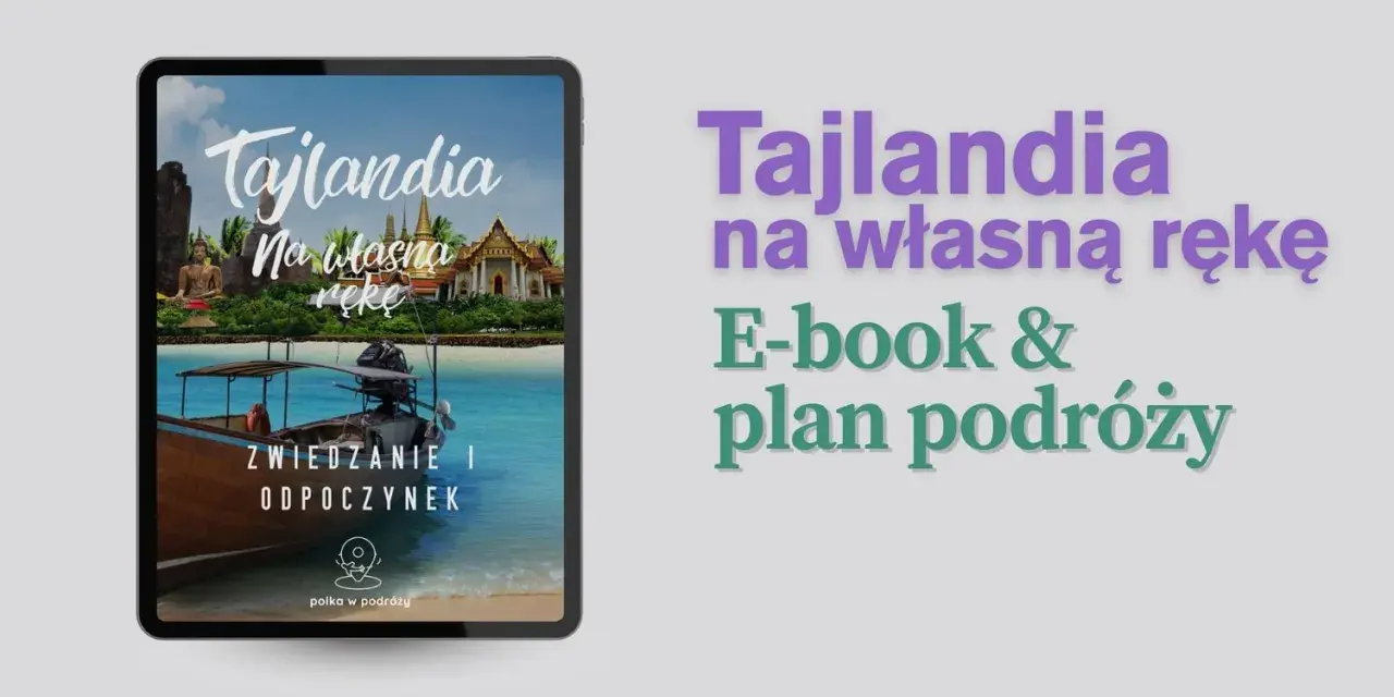 Tablet z widokiem na Tajlandię: plaża, łódź, świątynia i posąg Buddy.