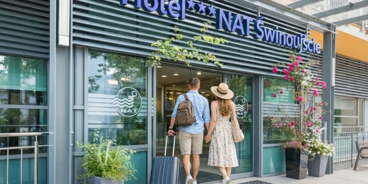 Para wchodzi do hotelu NAT Świnoujście z walizką i torbą.