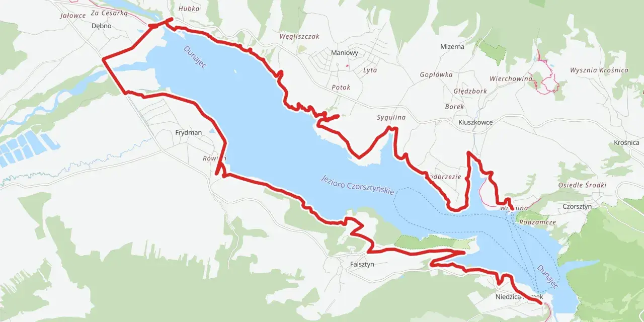 Mapa Jeziora Czorsztyńskiego z zaznaczoną trasą Velo Czorsztyn i drogami.
