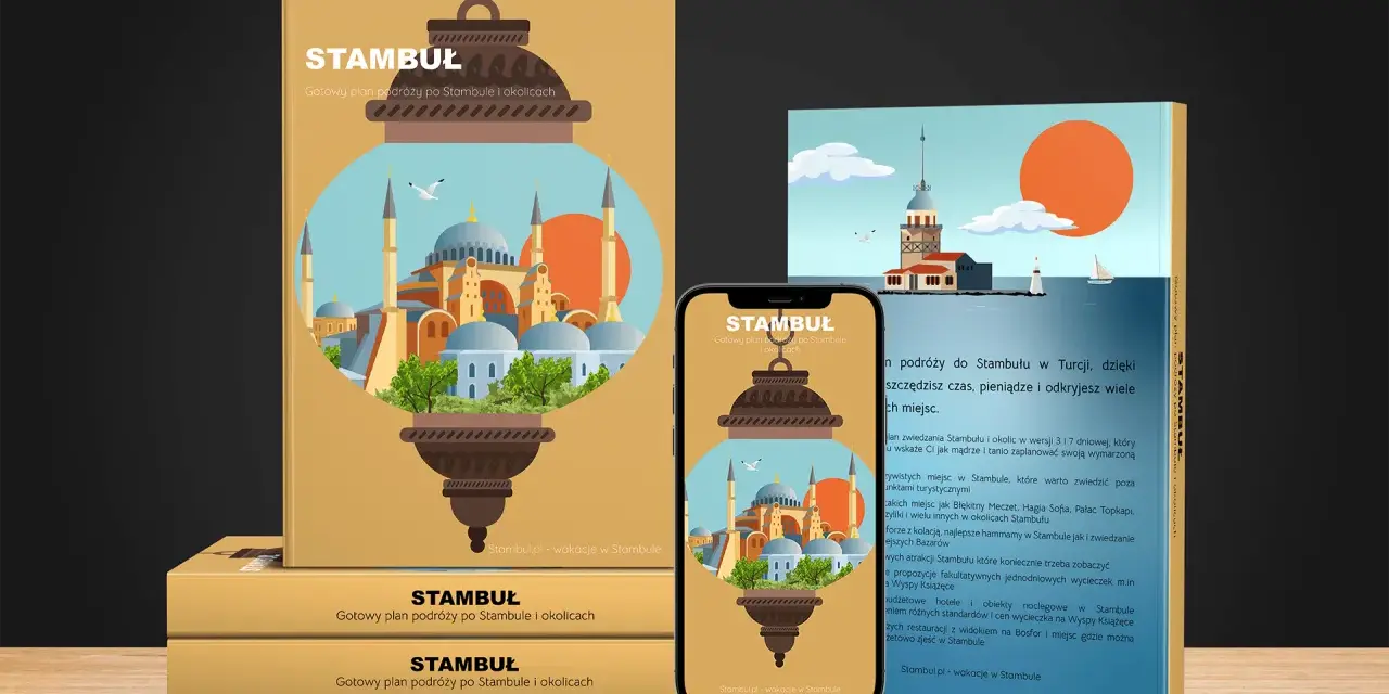Ilustracja z latarnią, meczetami i Wieżą Nami w Stambule, na tle książki i telefonu.