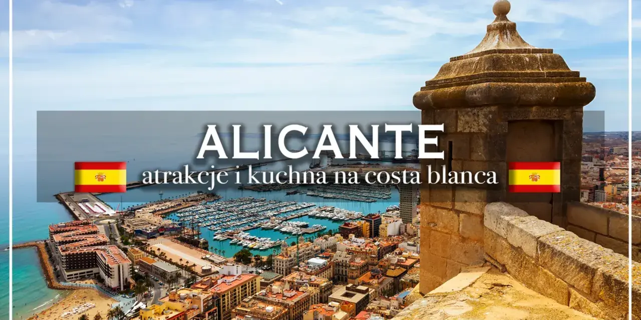 Widok na Alicante z portem pełnym łodzi, plażą i zabytkową wieżą strażniczą.