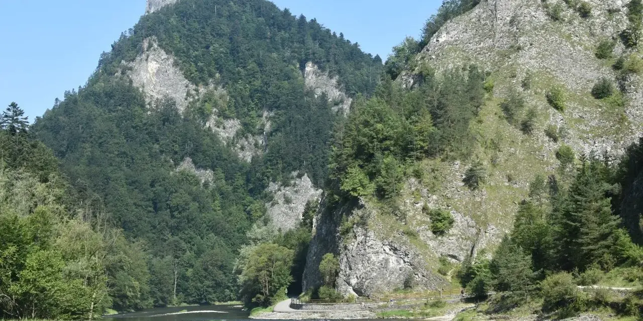 Rzeka Dunajec w przełomie, otoczona stromymi, zalesionymi górami i skalnymi zboczami.