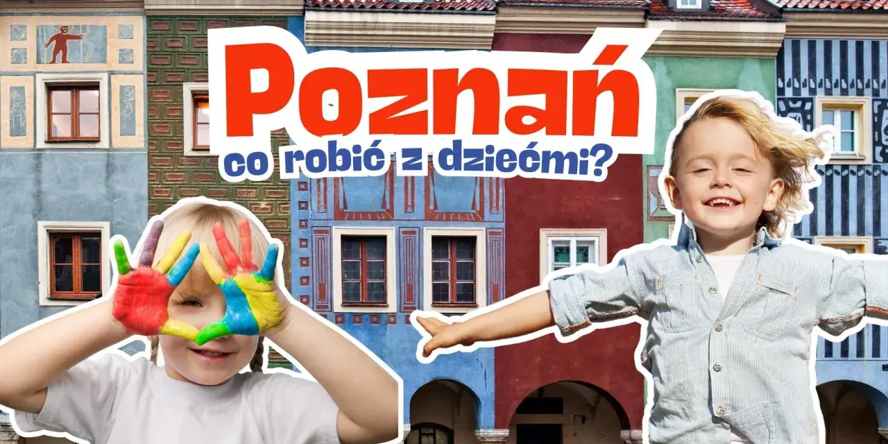 Dzieci z kolorowymi dłońmi i uśmiechnięty chłopiec na tle kolorowych kamienic w Poznaniu.