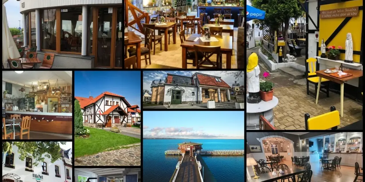 Kolaż zdjęć restauracji i widoków nad Zatoką Pucką.