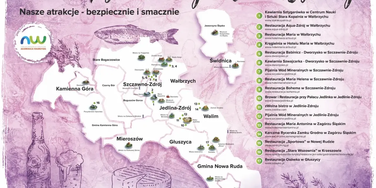 Mapa atrakcji i restauracji w aglomeracji wałbrzyskiej z ilustracjami piwa i sera.