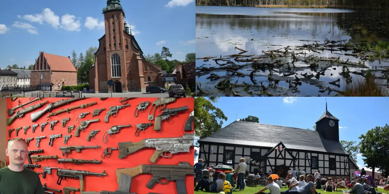 Kaszubskie atrakcje: kościół, jezioro, broń i ludzie na trawie.