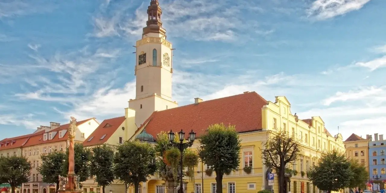 Rynek w Świdnicy z ratuszem, fontanną i zabytkowymi kamienicami.
