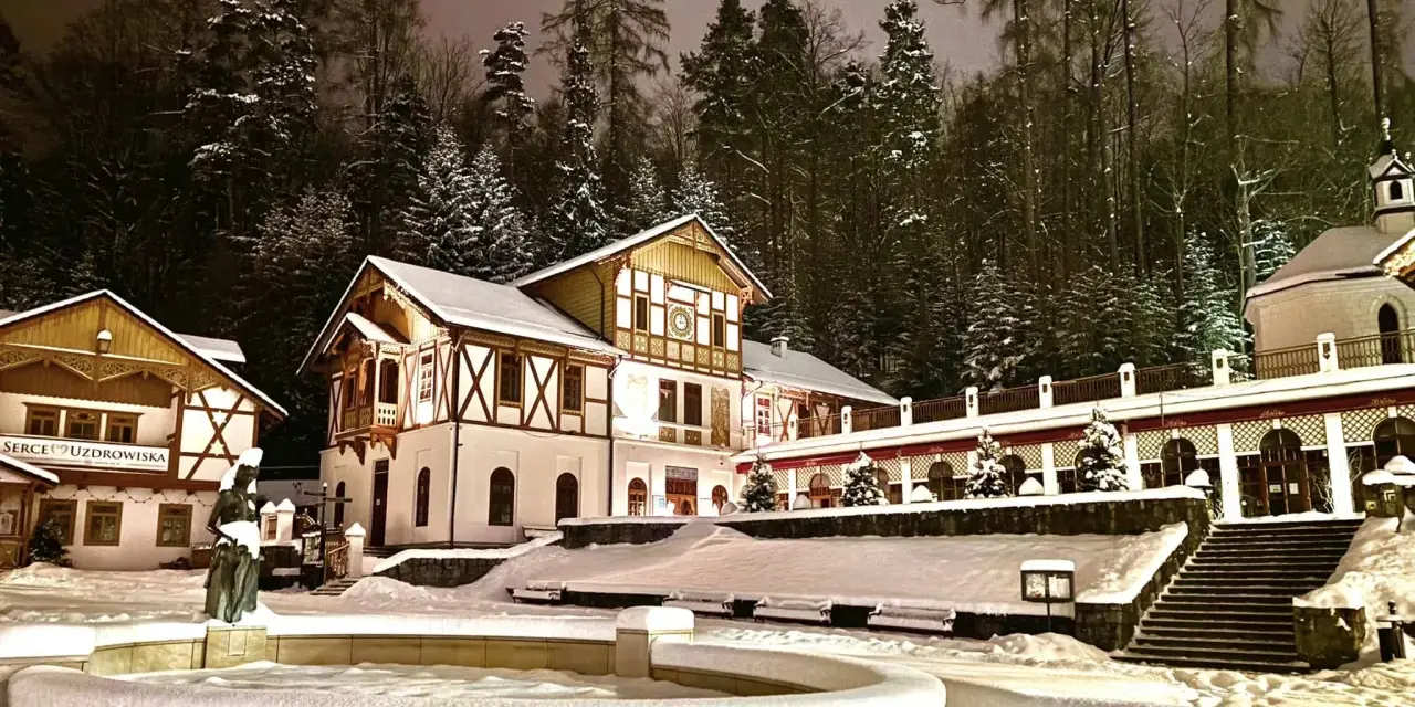 Architektura Szczawnicy nocą, ośnieżone budynki i drzewa, fontanna.
