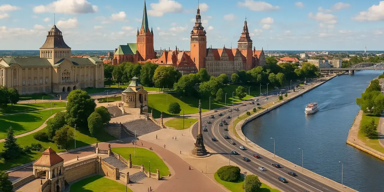 Widok na Szczecin z rzeką, budynkami i drogą z ruchem samochodowym.