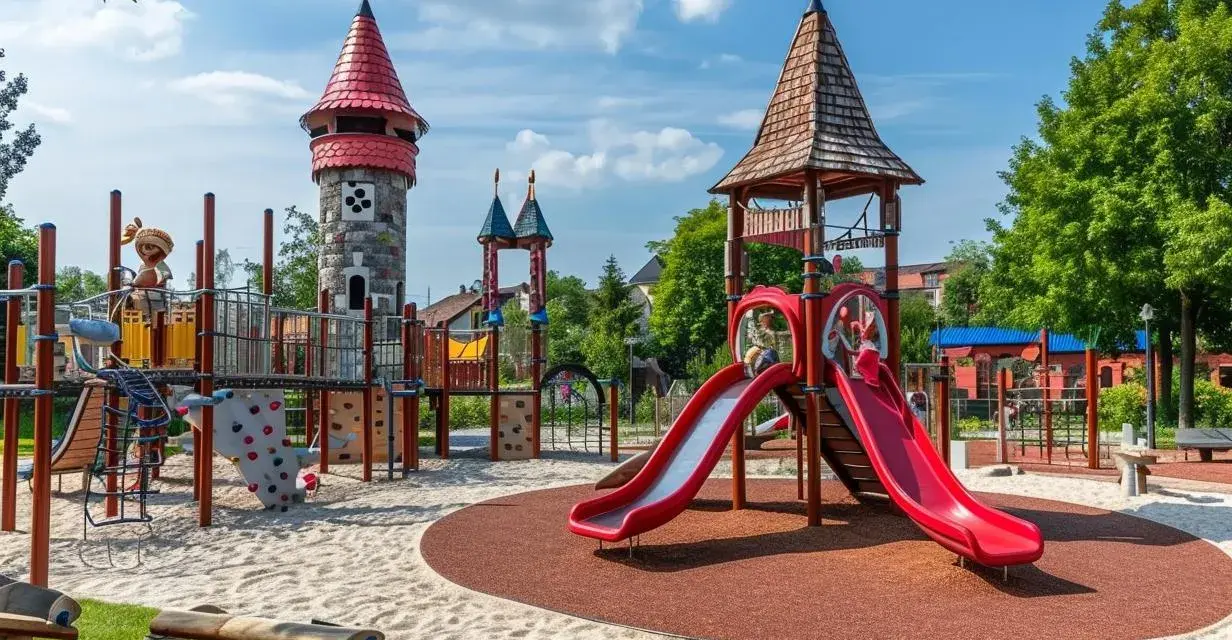 Plac zabaw z zamkami, zjeżdżalniami i piaskownicą w słoneczny dzień.