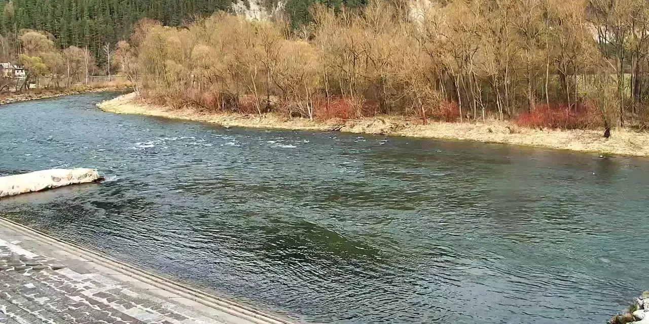 Rzeka Dunajec w Krościenku, zalesione zbocza i kamienne schody.
