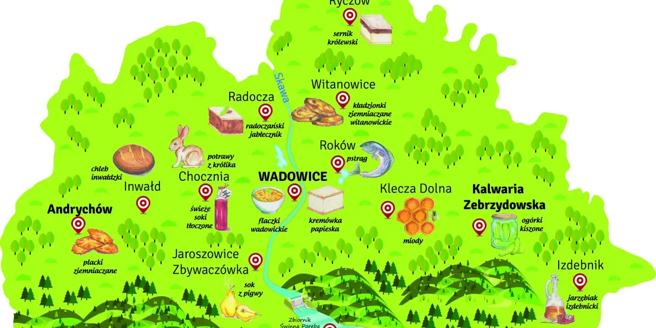 Ilustrowana mapa Wadowic i okolic z zaznaczonymi lokalnymi przysmakami i nazwami miejscowości.