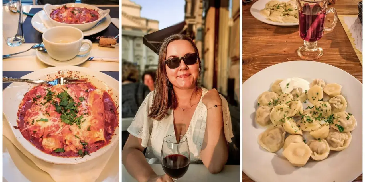 Trzy zdjęcia: dania z makaronem, kobieta z winem i pierogi.