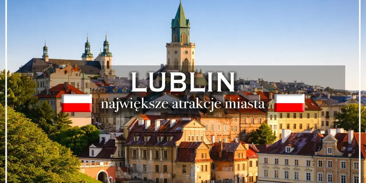 Widok na Lublin z charakterystyczną wieżą ratuszową i polską flagą.