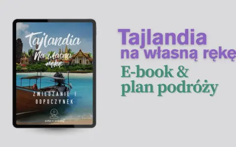 Tablet z widokiem na Tajlandię: plaża, łódź, świątynia i posąg Buddy.