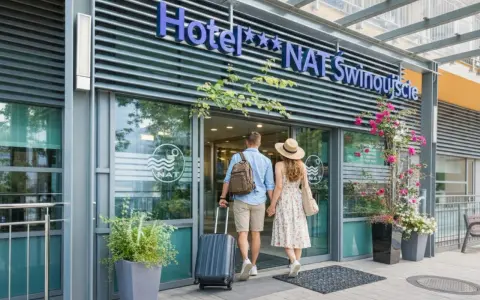 Para wchodzi do hotelu NAT Świnoujście z walizką i torbą.