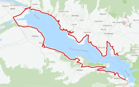 Mapa Jeziora Czorsztyńskiego z zaznaczoną trasą Velo Czorsztyn i drogami.