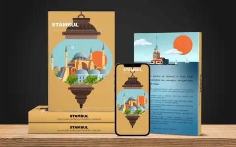 Ilustracja z latarnią, meczetami i Wieżą Nami w Stambule, na tle książki i telefonu.