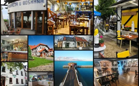 Kolaż zdjęć restauracji i widoków nad Zatoką Pucką.
