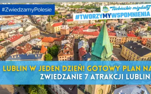 Widok z lotu ptaka na lubelskie Stare Miasto z zieloną wieżą kościelną i kolorowymi kamienicami.