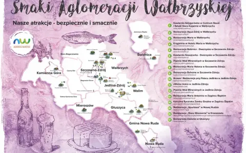 Mapa atrakcji i restauracji w aglomeracji wałbrzyskiej z ilustracjami piwa i sera.