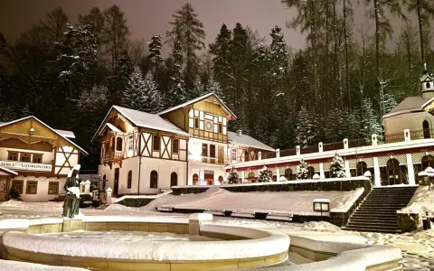 Architektura Szczawnicy nocą, ośnieżone budynki i drzewa, fontanna.
