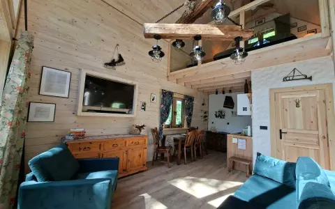 Drewniane wnętrze z kanapą, fotelem, telewizorem i aneksem kuchennym.