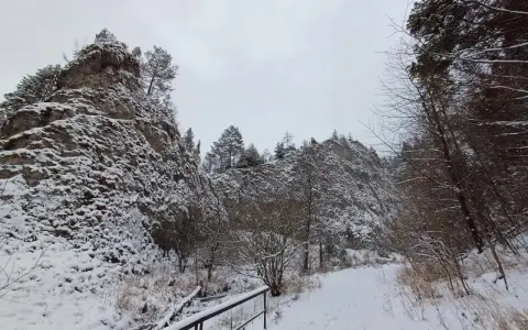 Zasypany śniegiem wąwóz z kamiennymi ścianami i drzewami, zimowy szlak.