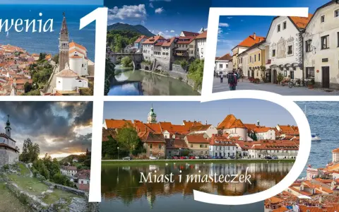 Kolaż zdjęć przedstawiający malownicze miasta Słowenii, w tym Piran i inne perełki architektoniczne.