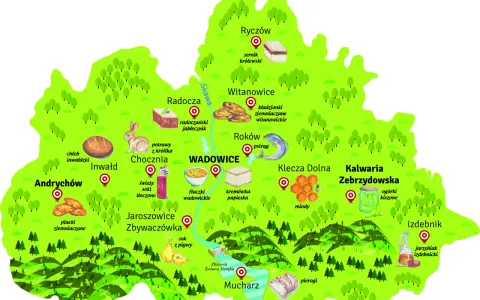 Ilustrowana mapa Wadowic i okolic z zaznaczonymi lokalnymi przysmakami i nazwami miejscowości.