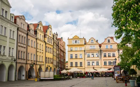Kolorowe kamienice z arkadami na rynku w Jeleniej Górze, z drzewem w kwiecie po prawej.
