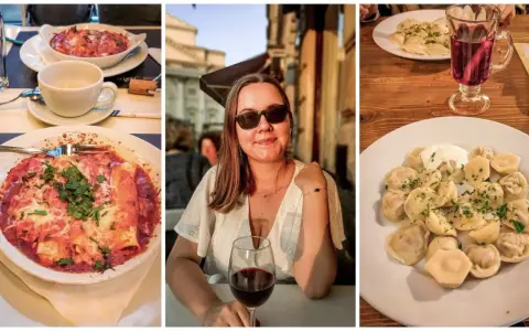 Trzy zdjęcia: dania z makaronem, kobieta z winem i pierogi.
