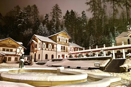 Architektura Szczawnicy nocą, ośnieżone budynki i drzewa, fontanna.