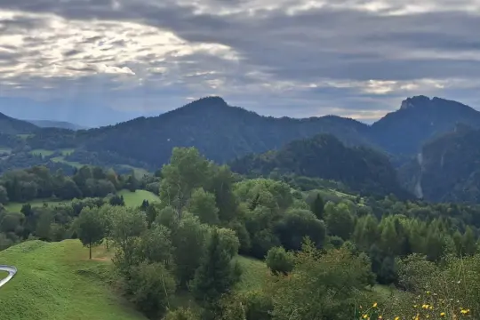 Krajobraz górski z wąwozem, lasami i torami saneczkowymi w tle.