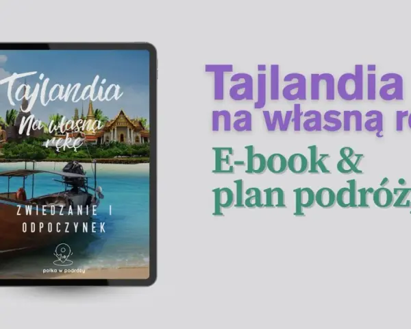 Tablet z widokiem na Tajlandię: plaża, łódź, świątynia i posąg Buddy.