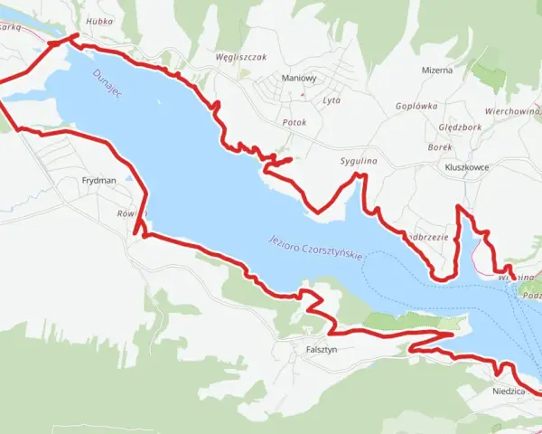 Mapa Jeziora Czorsztyńskiego z zaznaczoną trasą Velo Czorsztyn i drogami.