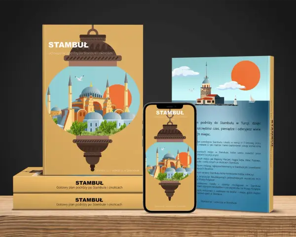 Ilustracja z latarnią, meczetami i Wieżą Nami w Stambule, na tle książki i telefonu.