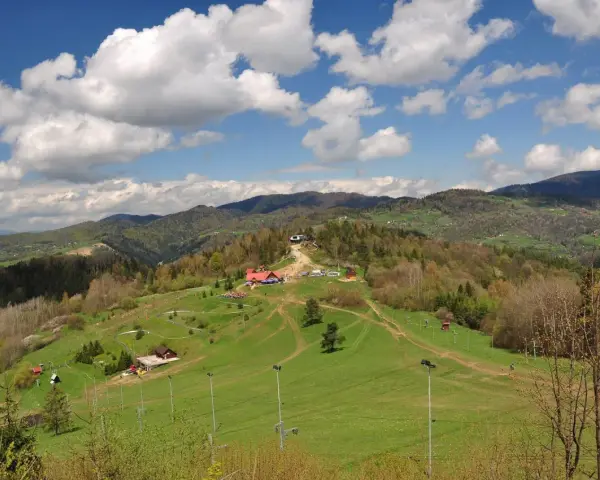 Widok na Palenicę Szczawnica z budynkami, trasami i górami w tle.
