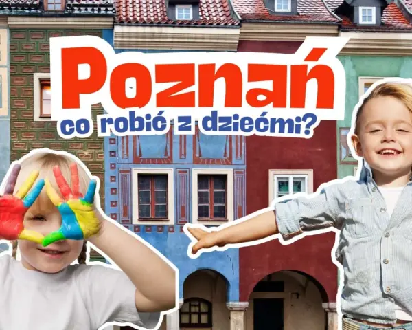 Dzieci z kolorowymi dłońmi i uśmiechnięty chłopiec na tle kolorowych kamienic w Poznaniu.