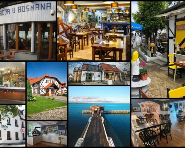 Kolaż zdjęć restauracji i widoków nad Zatoką Pucką.